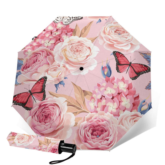 Kompakter Regenschirm mit rosa Blumenmuster für Damen
