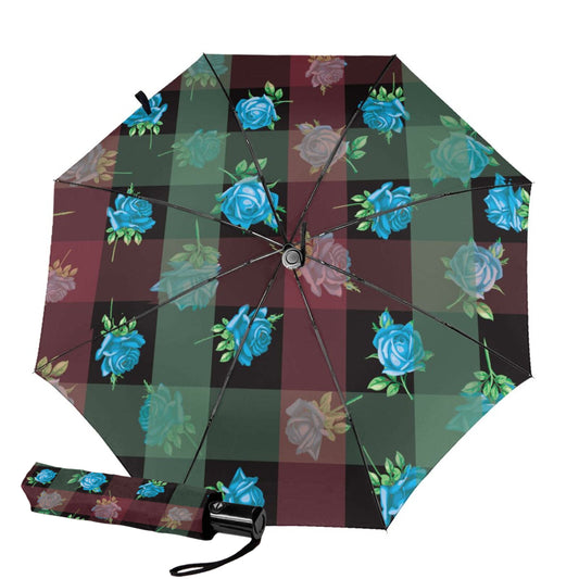 Automatic Open And Close Small Compact Umbrella With Plaid And Rose Inside