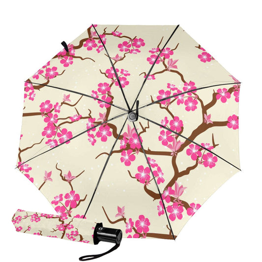 Parapluie pliable automatique à motif de fleurs de prunier