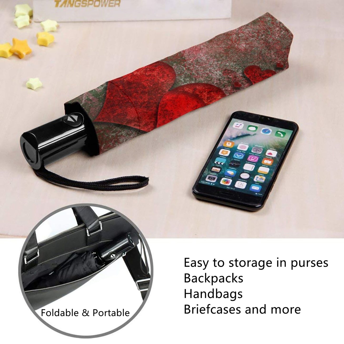 Small Travel Umbrella With Heart Design Print Inside