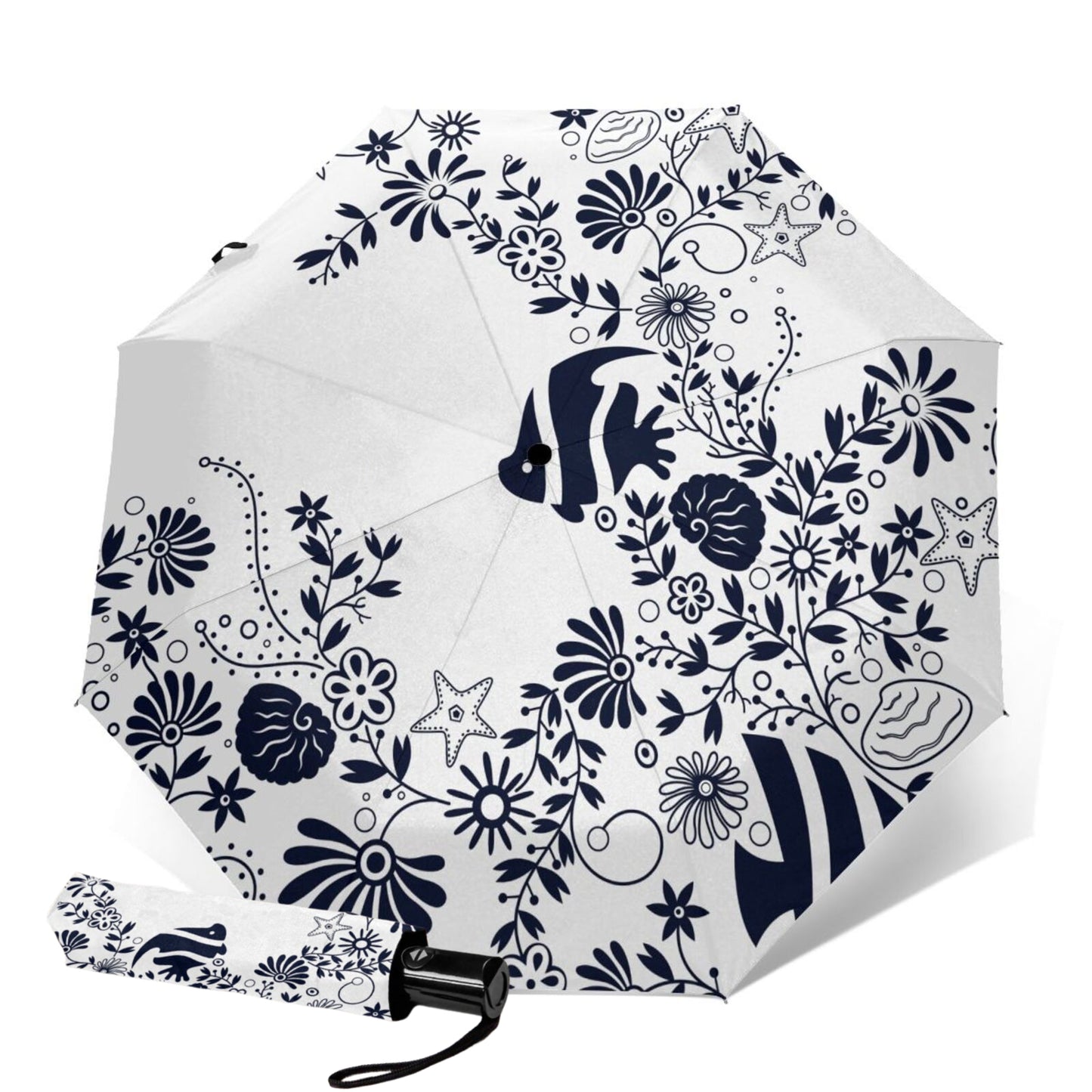 Parapluie pliable imprimé algues et poissons