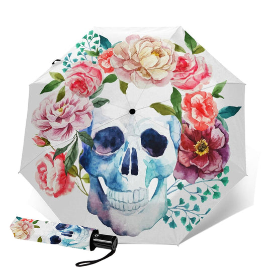 Parapluie pliant crâne avec fleurs