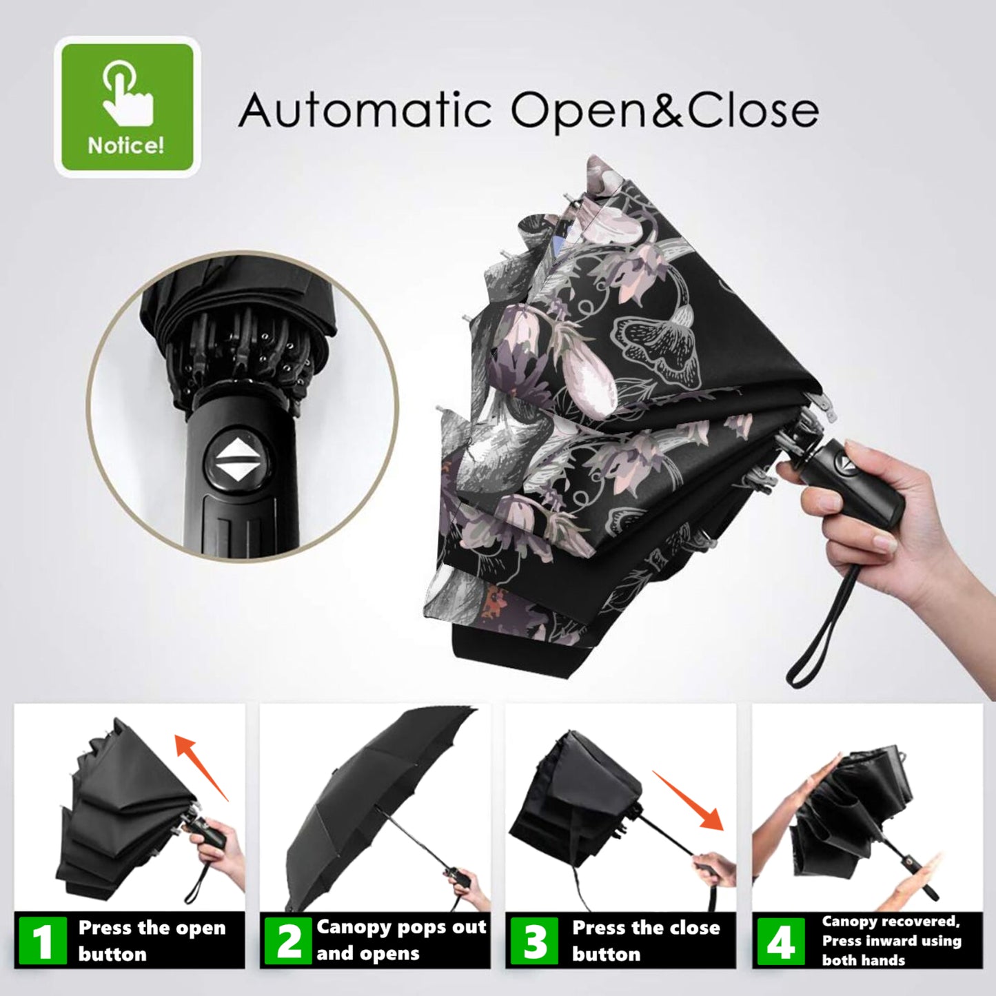 Taschenschirm mit Totenkopf-Motiv, Schwarz