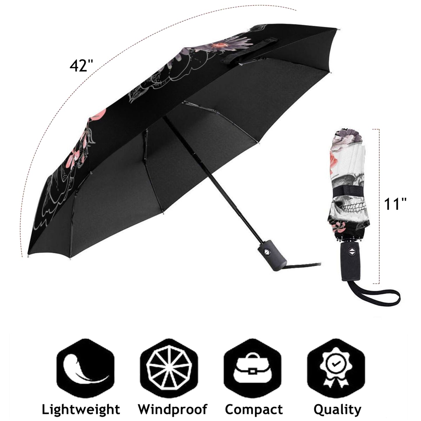Taschenschirm mit Totenkopf-Motiv, Schwarz