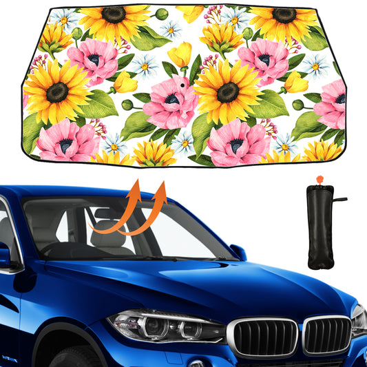 Schöner Sonnenschutz für die Windschutzscheibe des Autos mit Sonnenblumenmotiv
