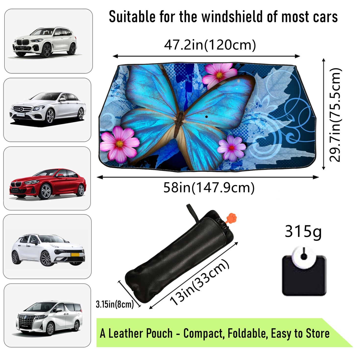Pare-soleil de pare-brise de voiture à motif papillon Morpho bleu