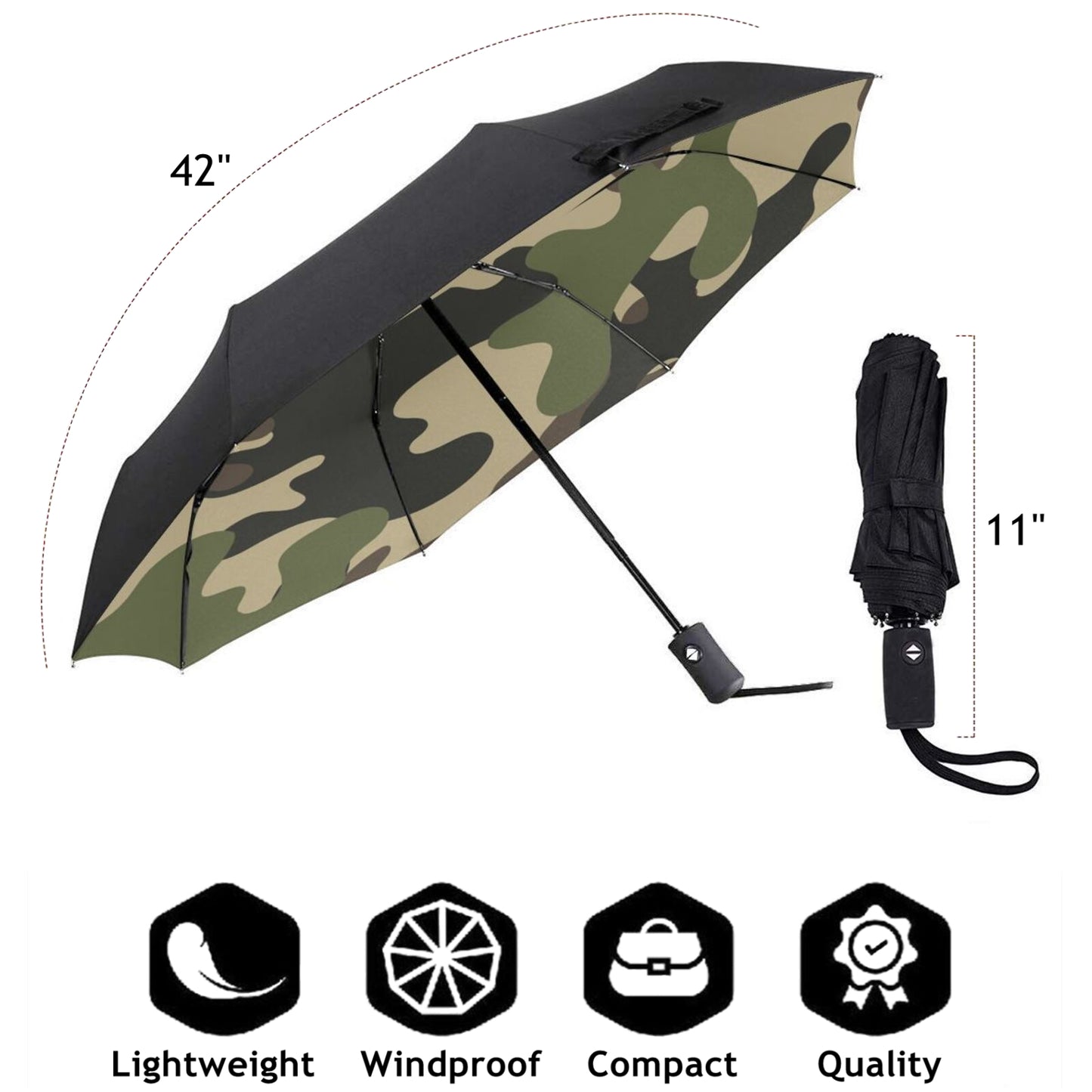 Petit parapluie compact à motif camouflage à l'intérieur