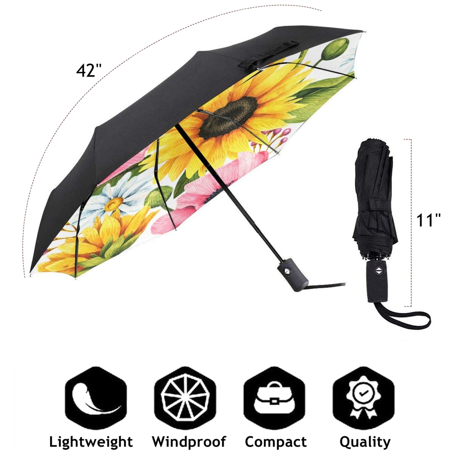 Buntes Sonnenblumen-Design im kleinen, kompakten Regenschirm
