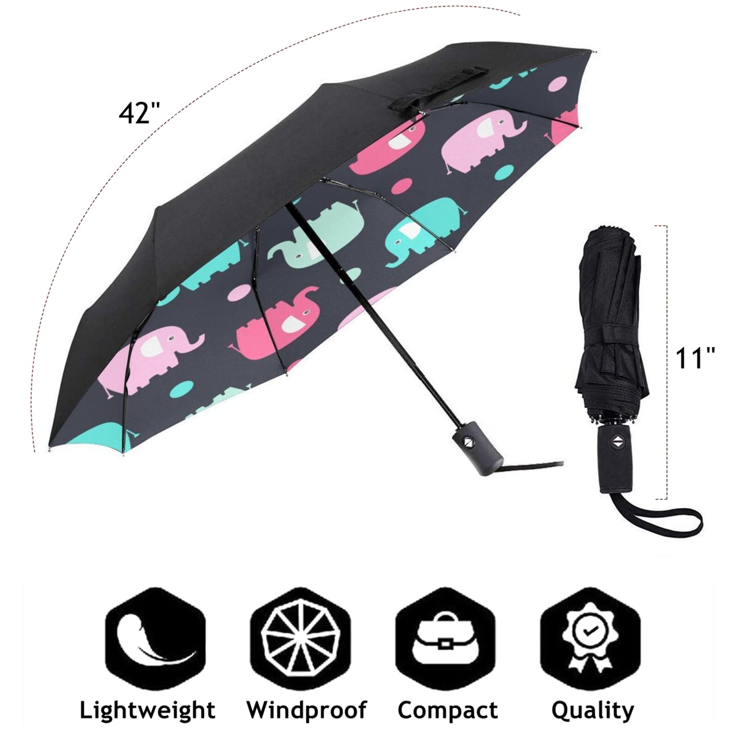 Kleiner Taschenschirm mit niedlichem Elefanten-Print auf der Innenseite