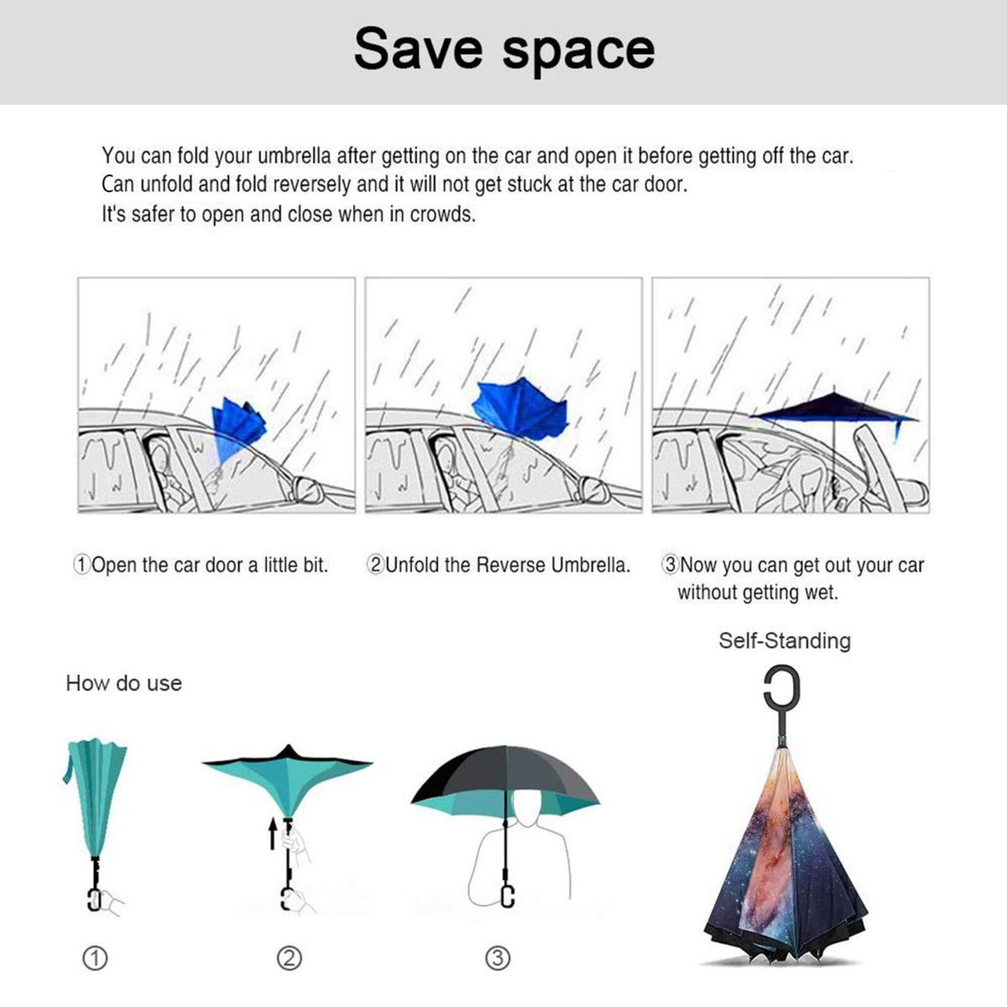 Parapluie inversé imprimé galaxie