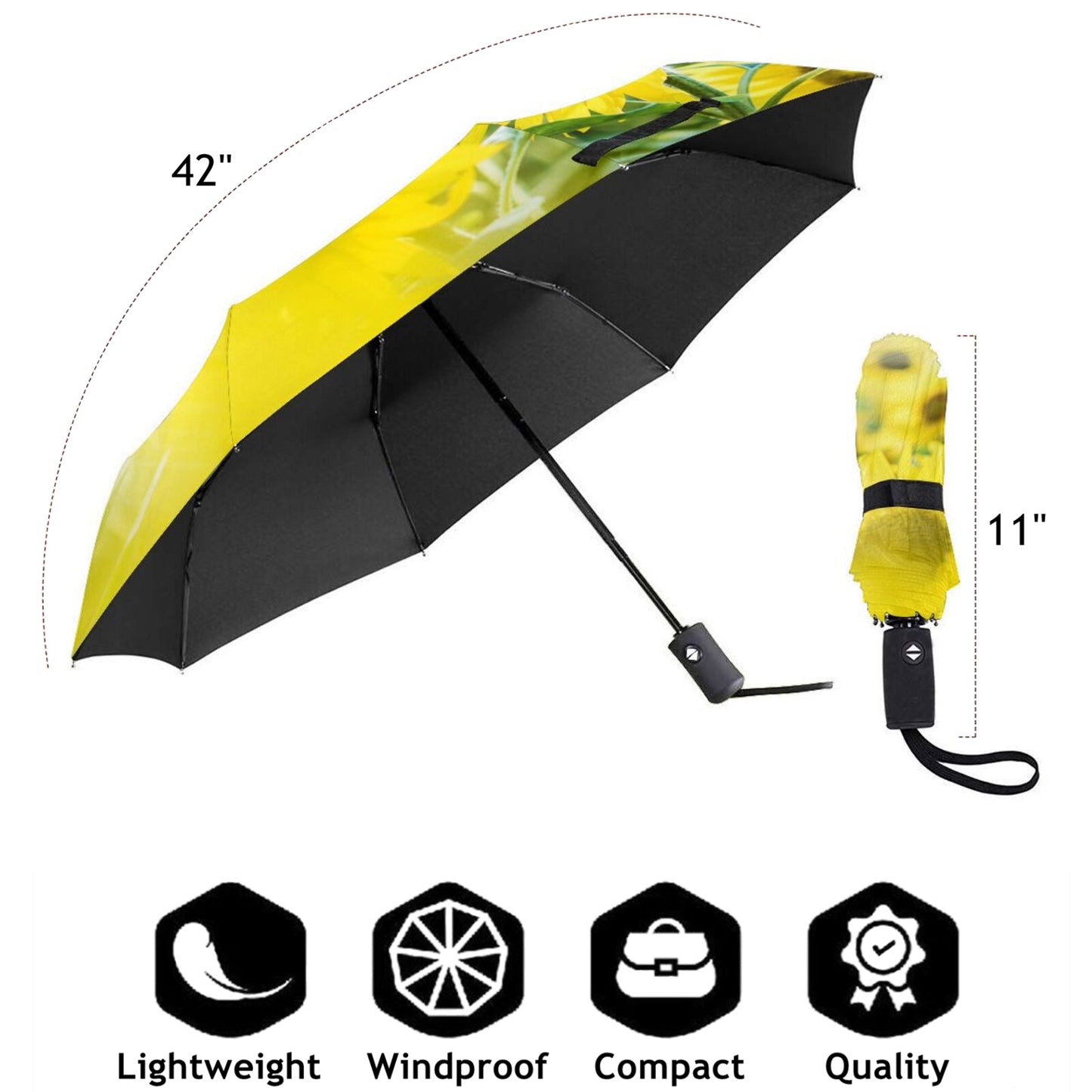 Schöner kompakter Regenschirm mit Sonnenblumenmotiv