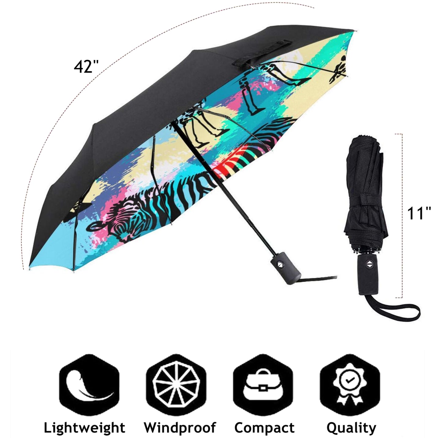 Kompakter Automatik-Regenschirm mit Zebra-Design im Inneren