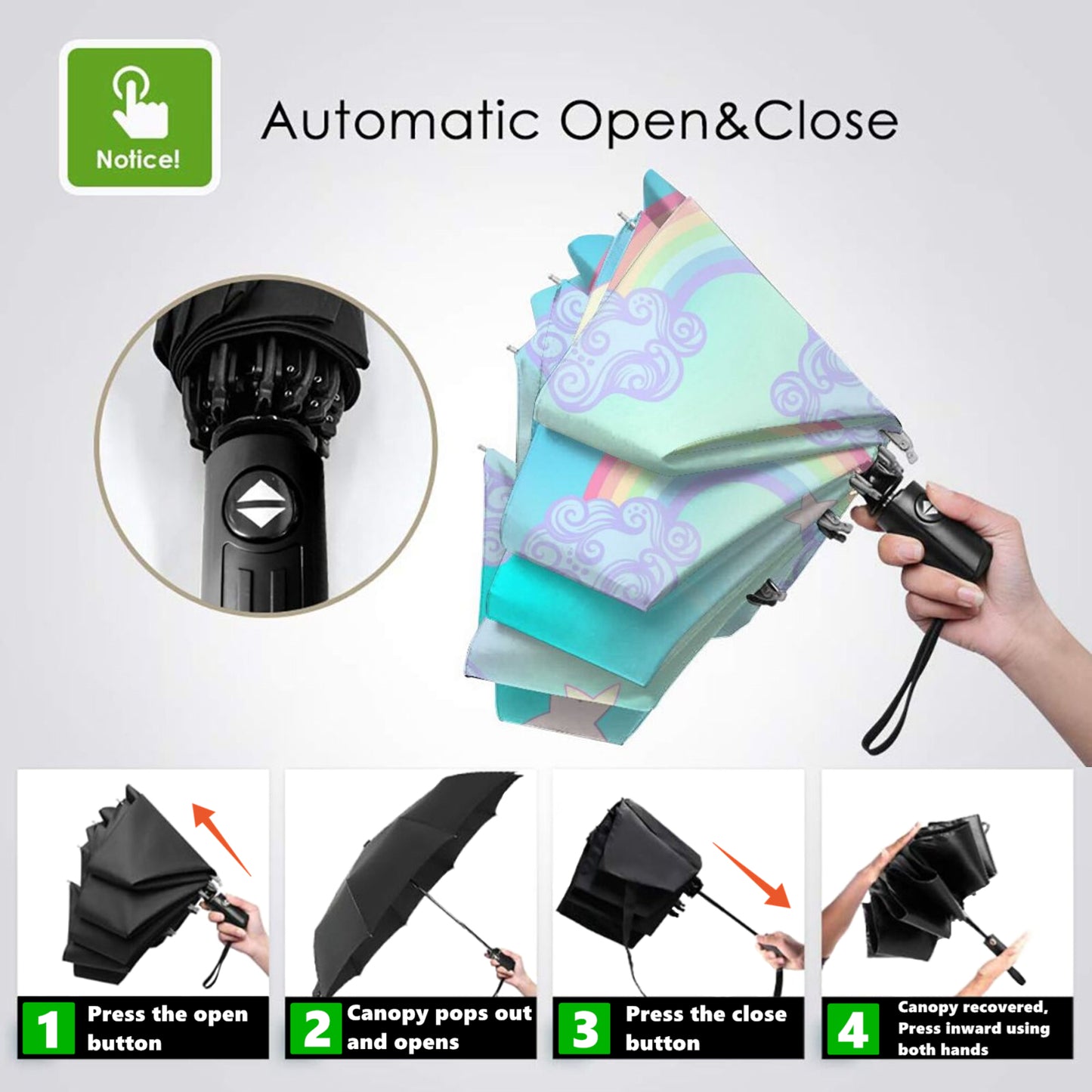 Parapluie de voyage pliable licorne arc-en-ciel